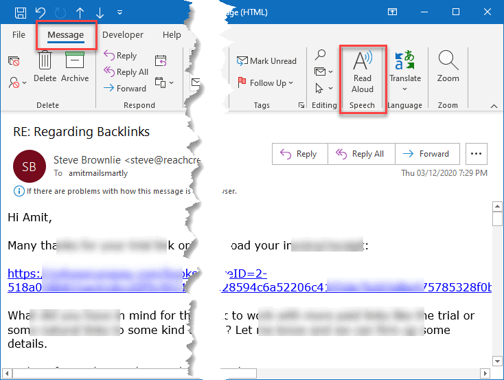 outlook for mac no long text to speech